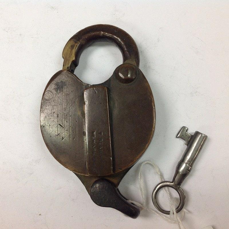 A & B RR EARLY BRASS LOCK WITH KEY. MADE BY T. SLAIGHT, (1 of 3)