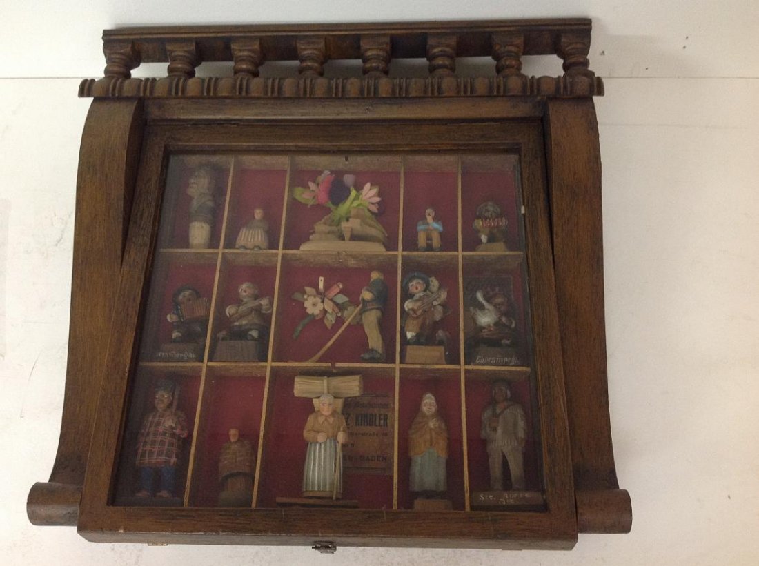 15 CARVED GERMAN FIGURES IN FITTED WOOD CASE THAT HUNG (1 of 2)