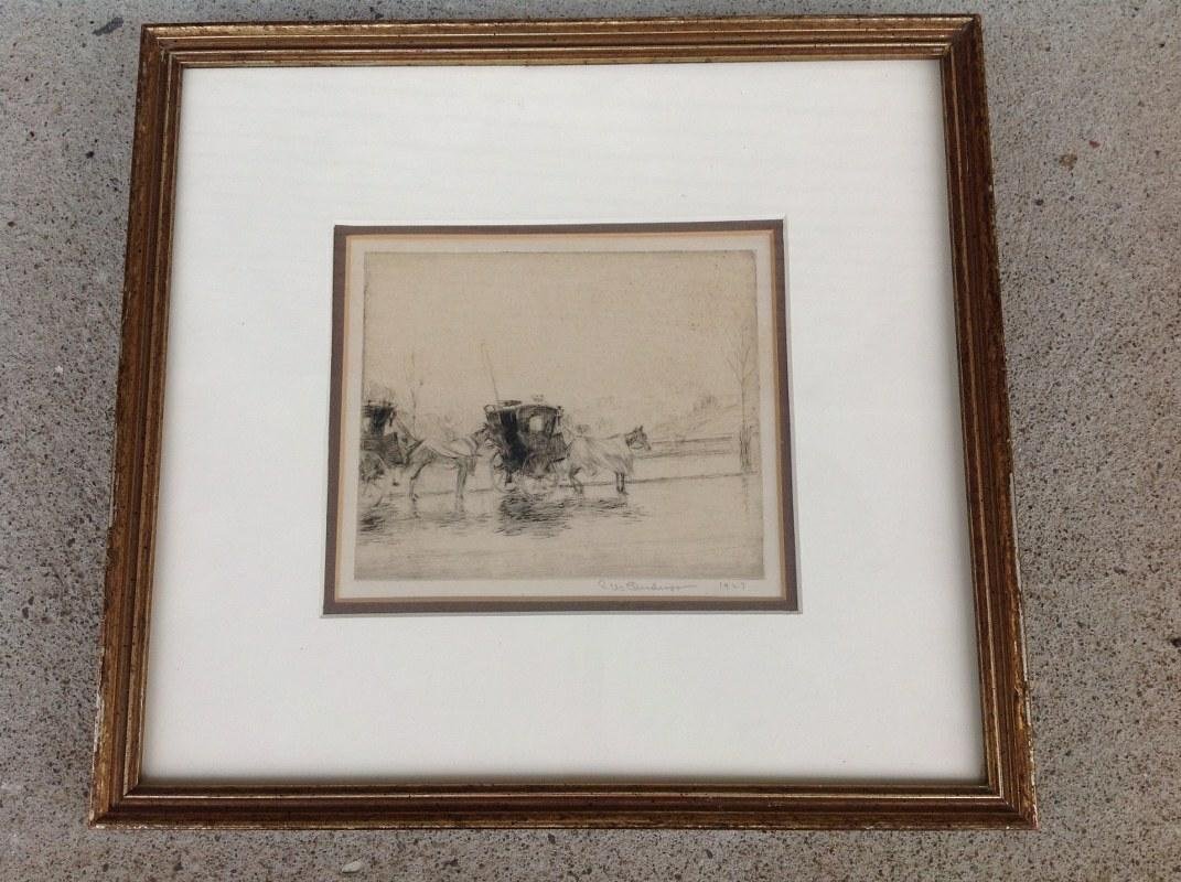 ILLEDGIBLY SIGNED 1927 ETCHING WITH HORSE DRAWN (1 of 2)