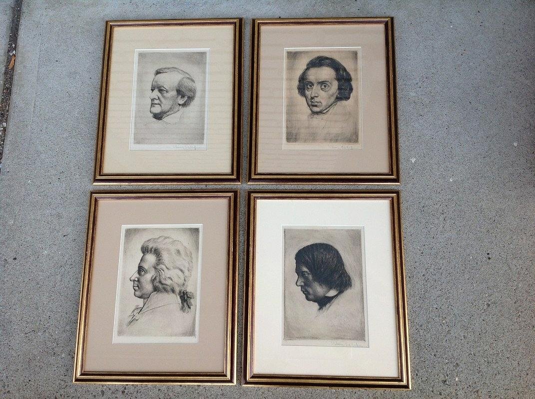 4 FRAMED ETCHINGS OF COMPOSERS, POSSIBLY SIGNED W C (1 of 2)