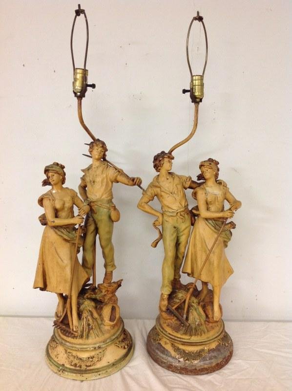 2 MOREAU SPELTER FIGURAL LAMPS, IN AS FOUND ESTATE (1 of 4)
