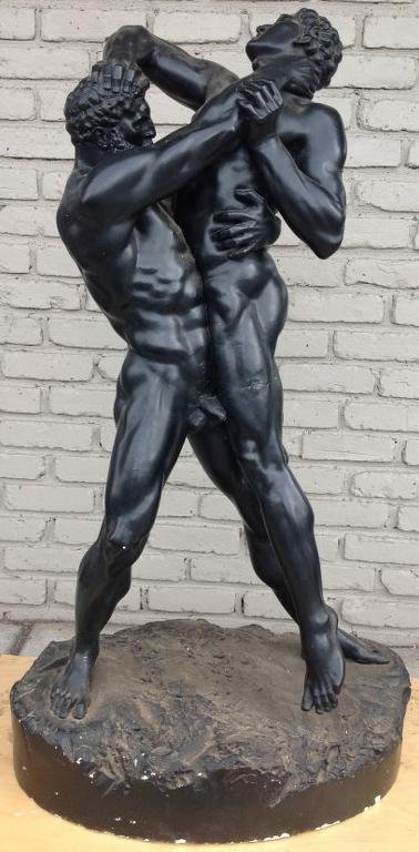 T BROCK PLASTER 43" HIGH SCULPTURE, DATED 1869 LONDON: T BROCK PLASTER 43" HIGH SCULPTURE, DATED 1869 LONDON ON BACK AS PICTURED, HAS SOME OLD HAIRLINES IN IT, 2 NUDE MEN FIGHTING, OWNERS HAD BRONZES CAST FROM THIS