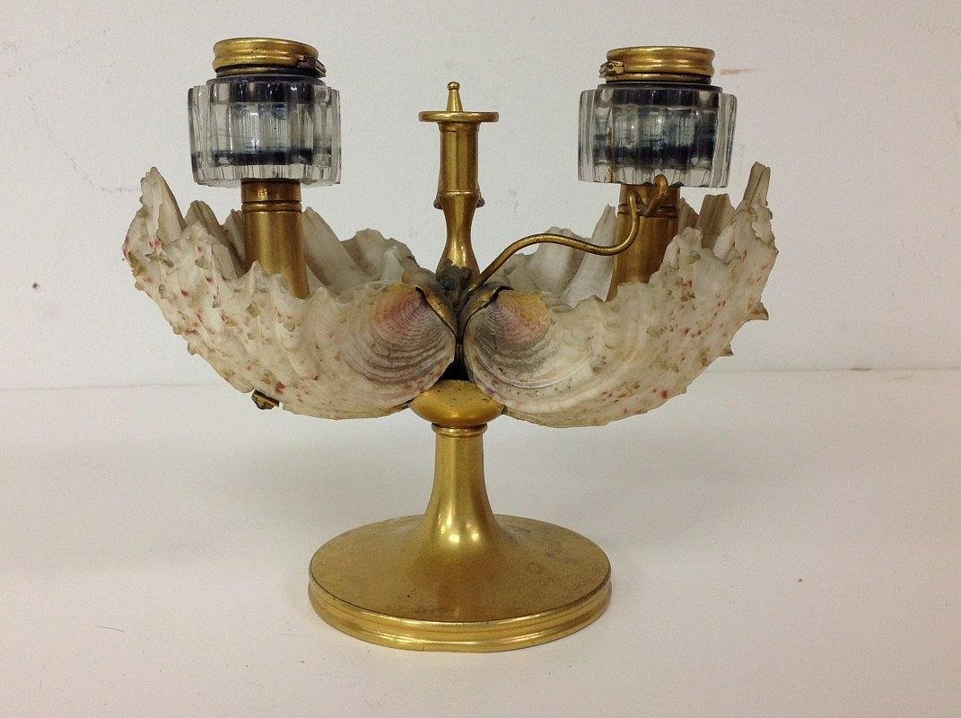 WHIMSICAL FOLK ART INKWELL MADE WITH LARE SHELLS, AND (1 of 2)