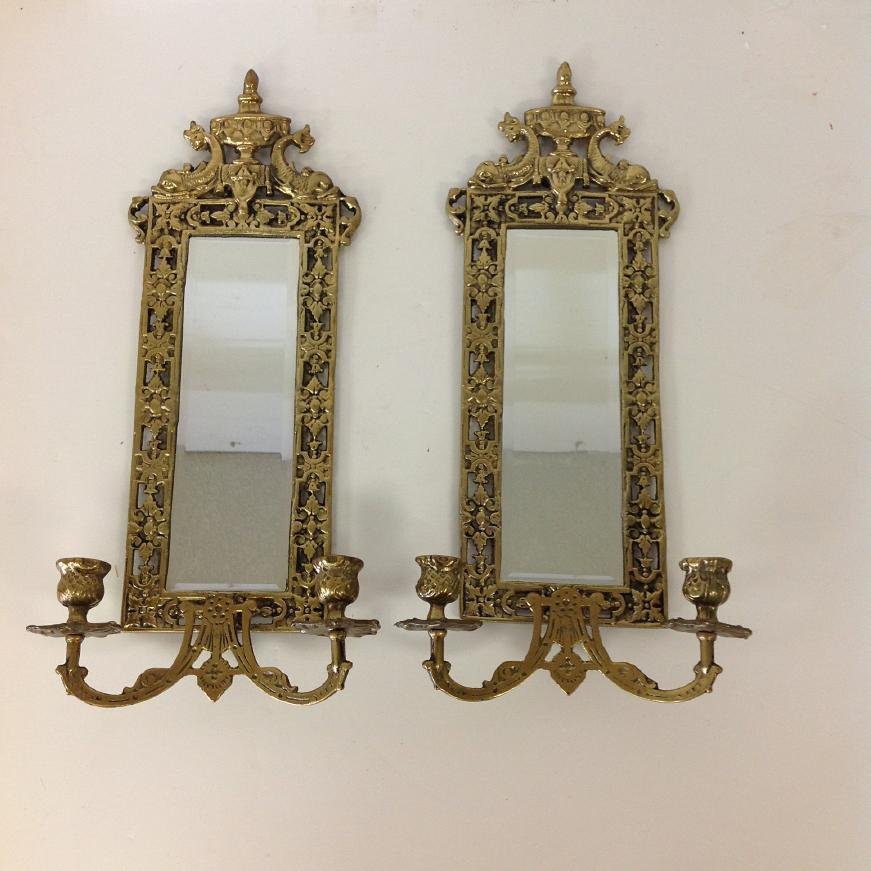 PAIR BRASS WALL CANDELABRA MIRRORS WITH DOLPHINS ON (1 of 2)