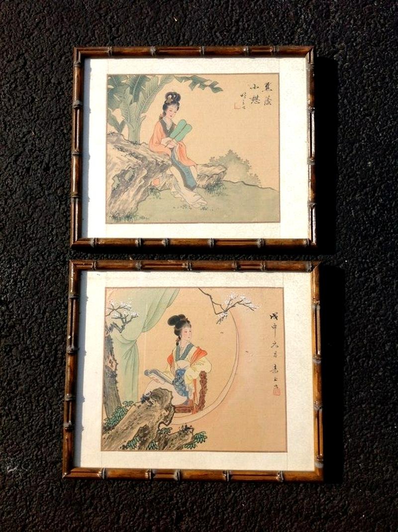 PAIR ASIAN WATERCOLORS ON FABRIC, IN MATCHING FAUX: PAIR ASIAN WATERCOLORS ON FABRIC, IN MATCHING FAUX BAMBOO FRAMES, SIGNED AS PICTURED. FRAMES MEASURE 10" X 12".