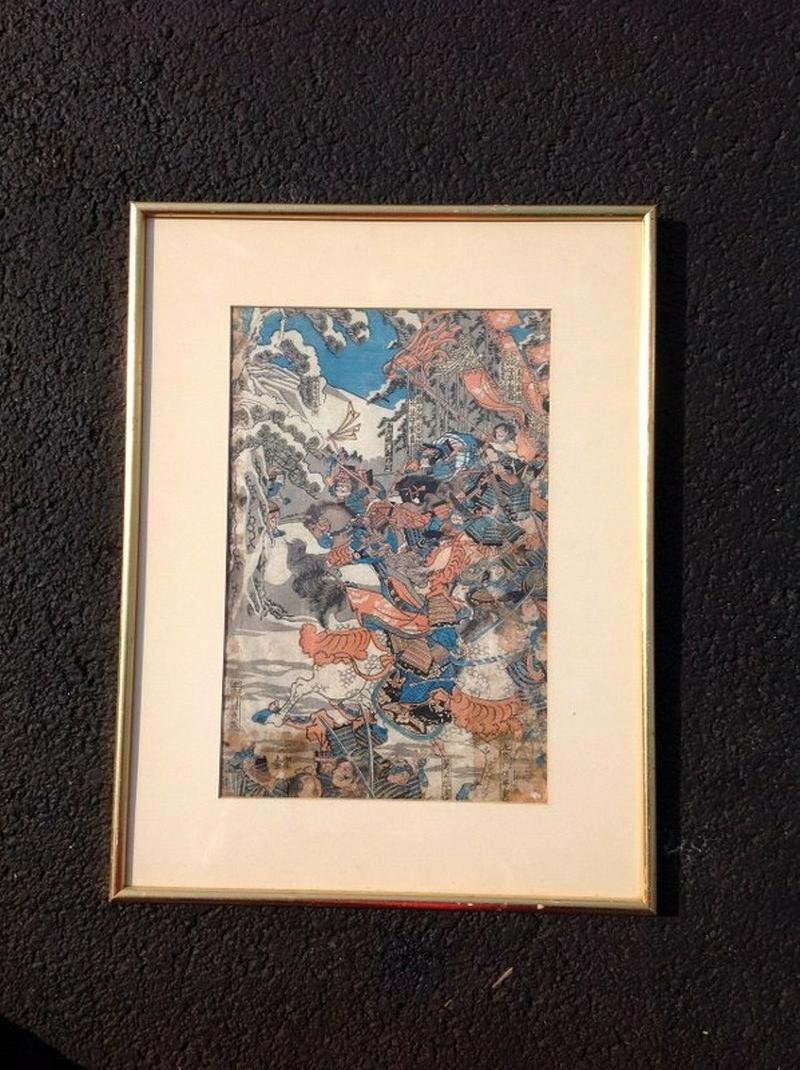 EARLY JAPANESE WOODBLOCK WARRIORS FIGHTING, SIGNED AS (1 of 2)