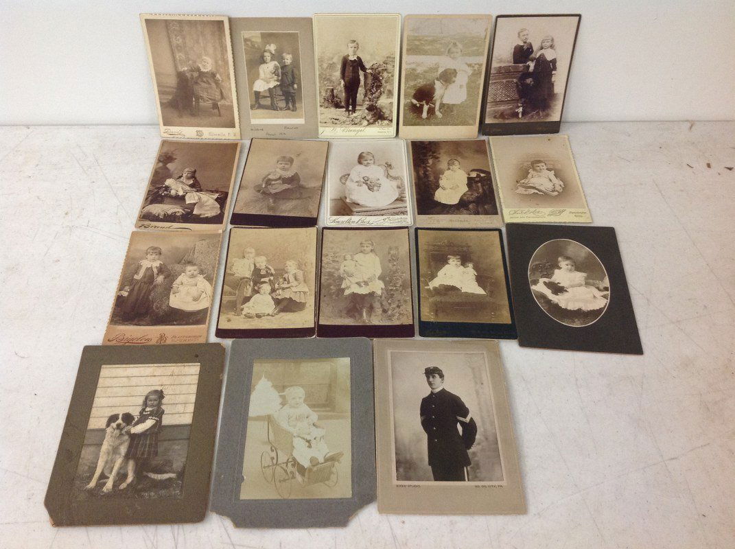 18 CABINET CARDS OF KIDS WITH DOLLS, DOGS, TEDDY BEARS, (1 of 3)