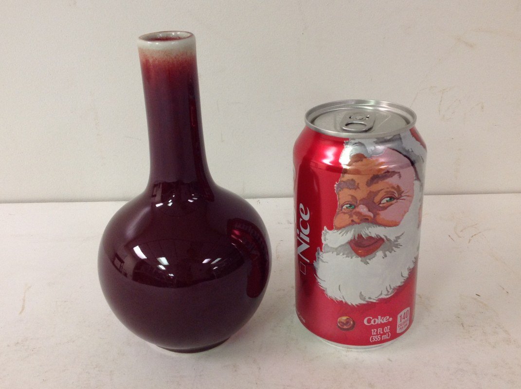 ASIAN BLOOD RED PORCELAIN VASE, SIGNED ON BOTTOM, AS (1 of 2)