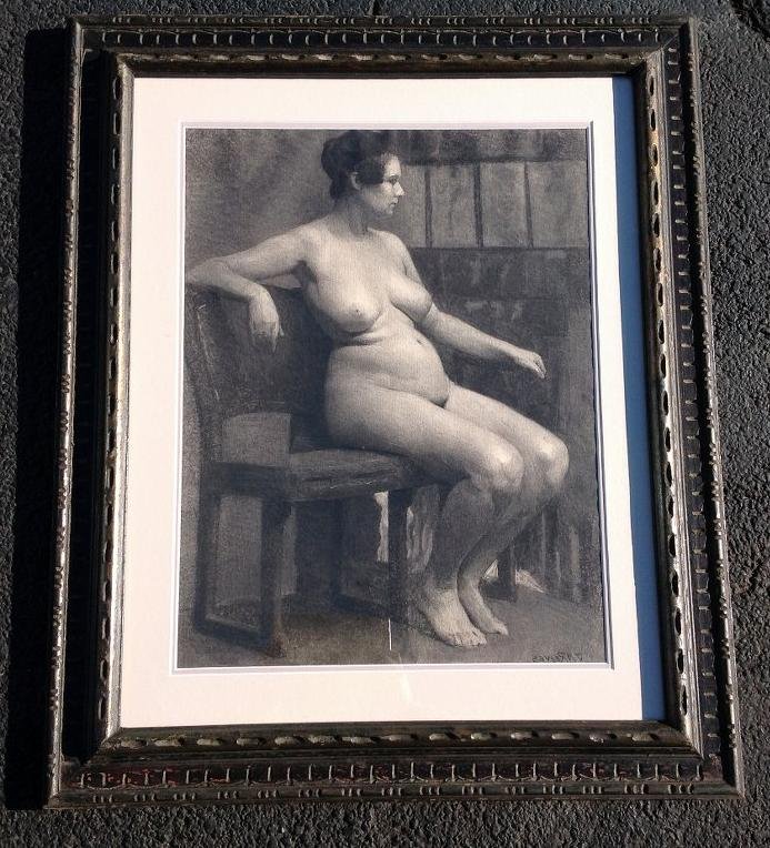 J.M. REEVES CHARCOAL DRAWING OF NUDE WOMAN SEATED IN: J.M. REEVES CHARCOAL DRAWING OF NUDE WOMAN SEATED IN CHAIR, NICELY FRAMED AND MATTED,DRAWING MEASURES 26" X 20", SIGNED LOWER LEFT, AS PICTURED