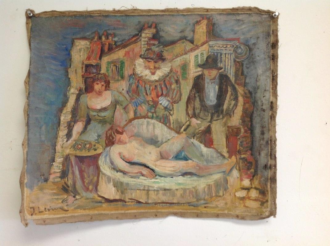 JOSEPH LEVIN O/C THEATER SCENE WITH FIGURES AND NUDE: JOSEPH LEVIN O/C THEATER SCENE WITH FIGURES AND NUDE WOMAN ON COUCH, CIRCA 1930'S, SIGNED LOWER LEFT, LOOSE CANVAS, NO STRETCHER, MEASURES 18" X 21 1/4", DIRECTLY FROM HIS ESTATE.Joseph Levin was an a