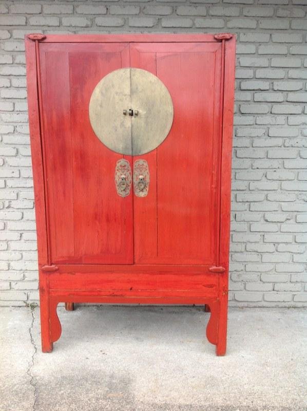 ASIAN RED LACQUER 2 DOOR CABINET WITH BRASS TRIM, 2 (1 of 5)