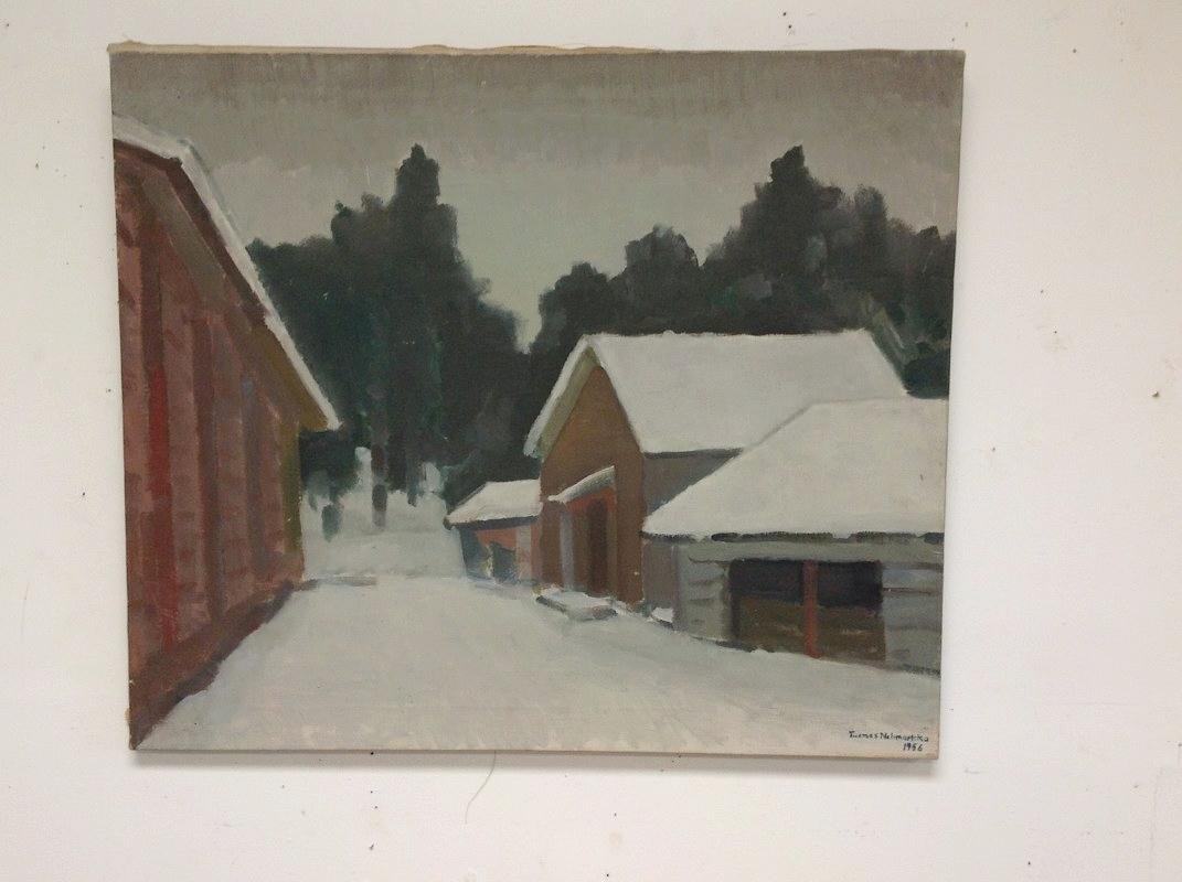 TUOMAS NELIMARKKA O/C WINTER SCENE WITH BUILDINGS, (1 of 2)