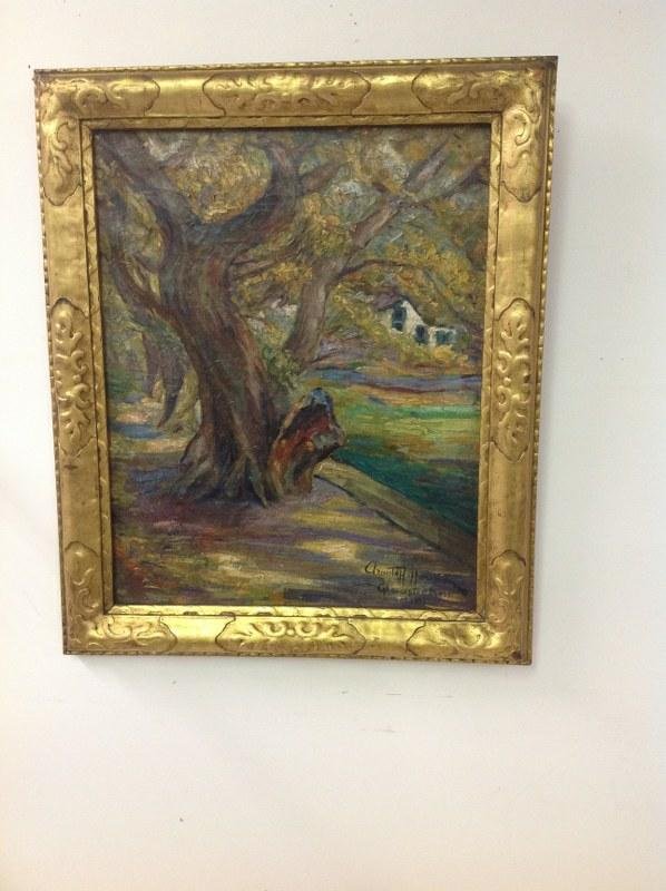 ARNOLD HOFFMANN IMPRESSIONIST O/C LANDSCAPE, SIGNED: ARNOLD HOFFMANN IMPRESSIONIST O/C LANDSCAPE, SIGNED LOWER RIGHT -- GLOUCESTER MASS 1922, OLD PATCH ON BACK AS PICTURED, POSSIBLY IN FOSTER BROTHERS FRAME, PAINTING MEASURES 20" X 16"