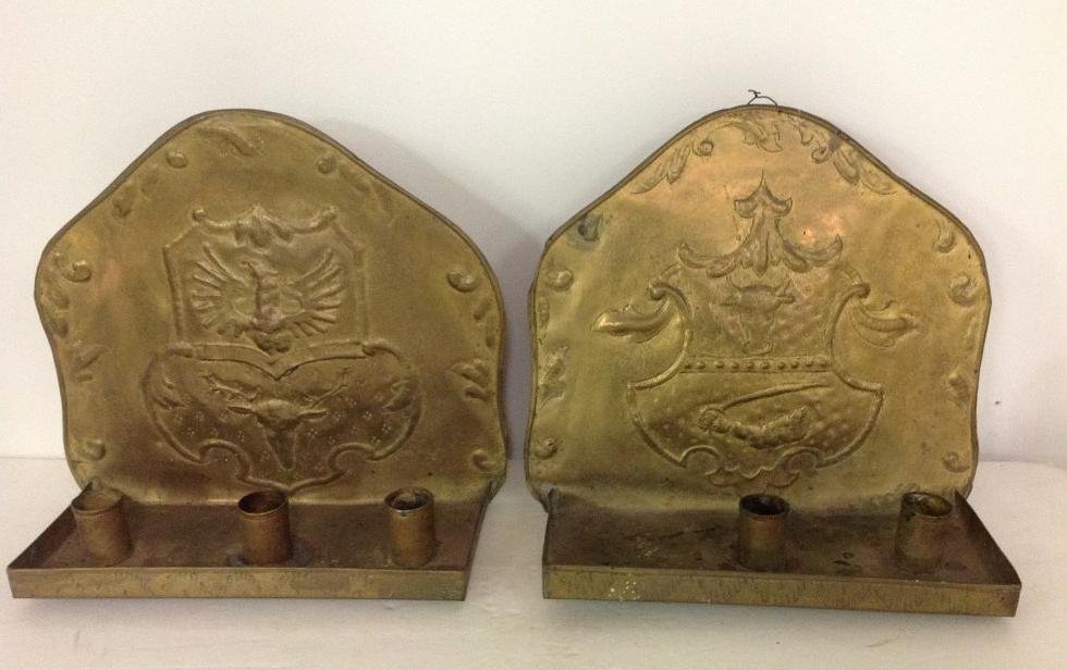 PR. EARLY BRASS WALL SCONCES WITH CRESTS & FIGURES (1 of 6)