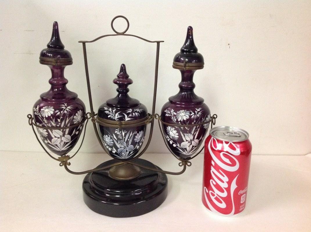 3 PC. AMETHYST GLASS CRUET SET ON STAND HAND PAINTED (1 of 7)