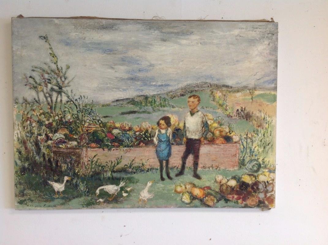 EUGENE LUDINS O/C TITLED FRUIT STAND, LABEL ON BACK (1 of 4)