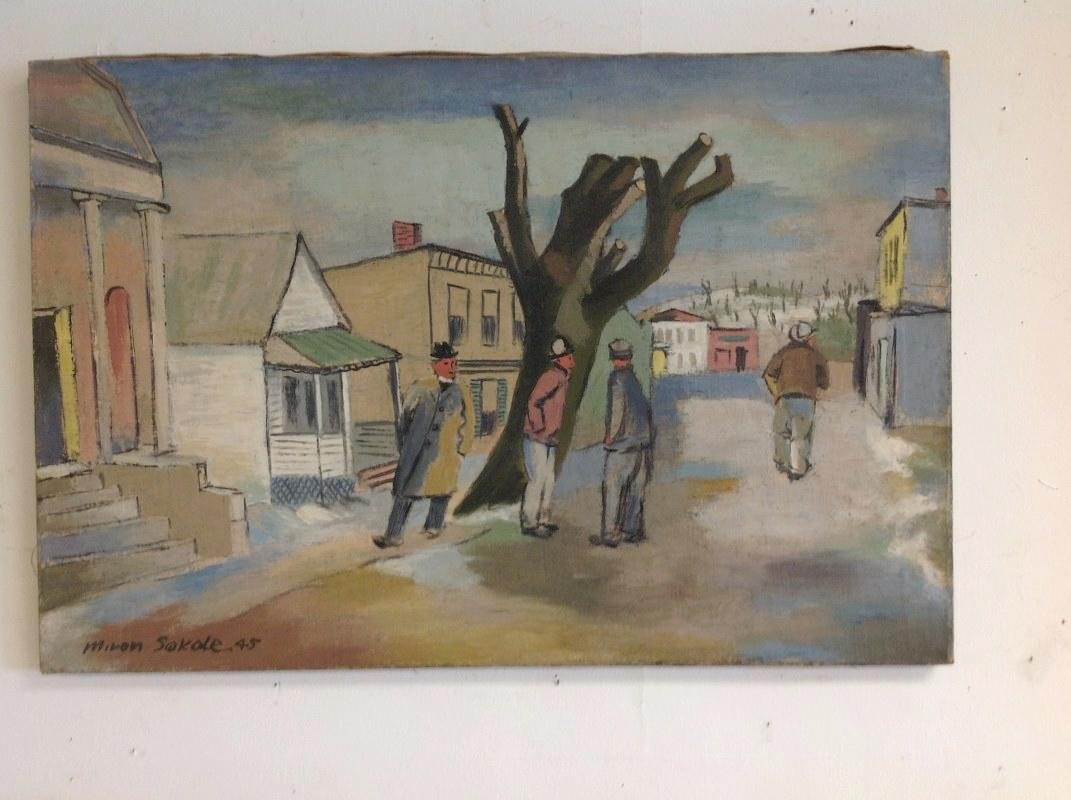 MIRON SOKOLE, 1945, O/C STREET SCENE WITH MEN IN FRONT (1 of 4)