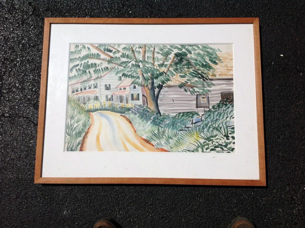 JOSEPH POLLET W/C LANDSCAPE WITH HOUSES, NICELY FRAMED: JOSEPH POLLET W/C LANDSCAPE WITH HOUSES, NICELY FRAMED AND MATTED, PAINTING MEASURES 16" X 23", FROM WOODSTOCK NEW YORK COLLECTION, AS PICTURED