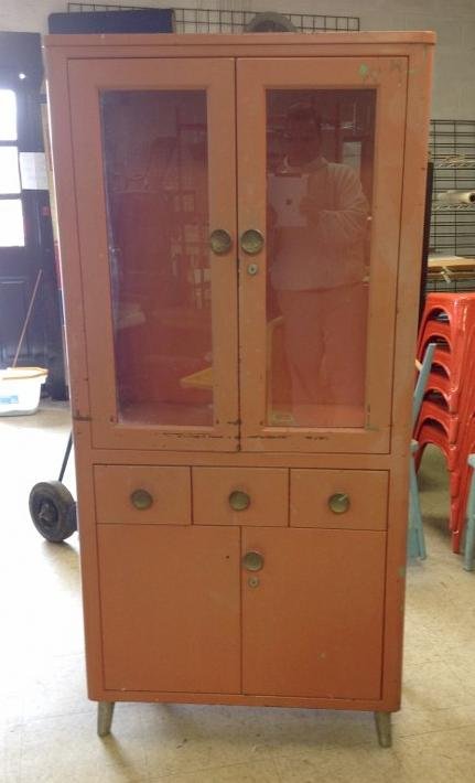 MID CENTURY METAL CHINA CLOSET, IN ORIGINAL ORANGEISH (1 of 1)