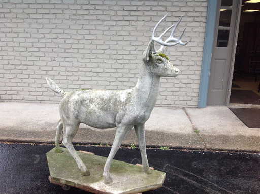 Older Concrete Deer Lawn Statue With Aluminum Horns