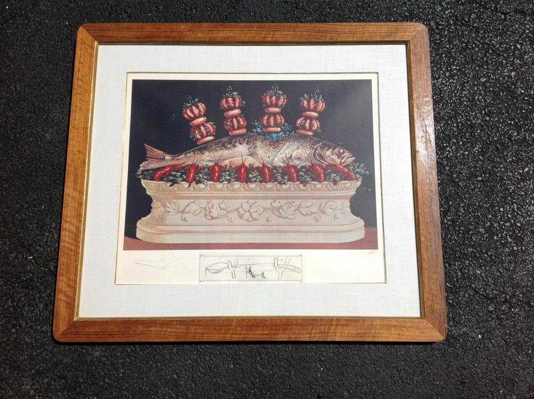 SALVADOR DALI SIGNED LES DINERS DE GALA LITHO OF FISH,: SALVADOR DALI SIGNED LES DINERS DE GALA LITHO OF FISH, #327/395, NICELY FRAMED AND MATTED, FRAME MEASURES 29 1/4" X 33", AS PICTURED
