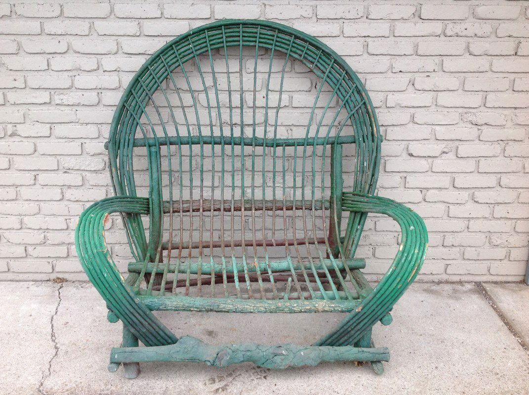 GREEN PAINTED ADIRONDACK SETTEE, MEASURES 50" HIGH, 48" (1 of 2)