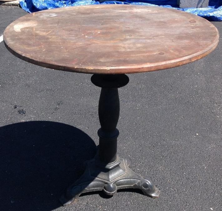 OLDER IRON BASE CAFE TABLE, NICE WORN WOOD TOP, TABLE (1 of 2)