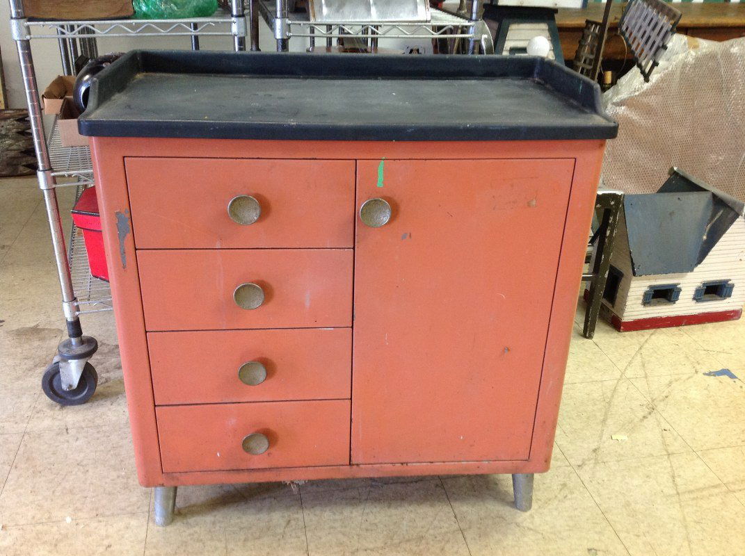 MID CENTURY METAL STORAGE CABINET WITH PLASTIC TOP, (1 of 2)