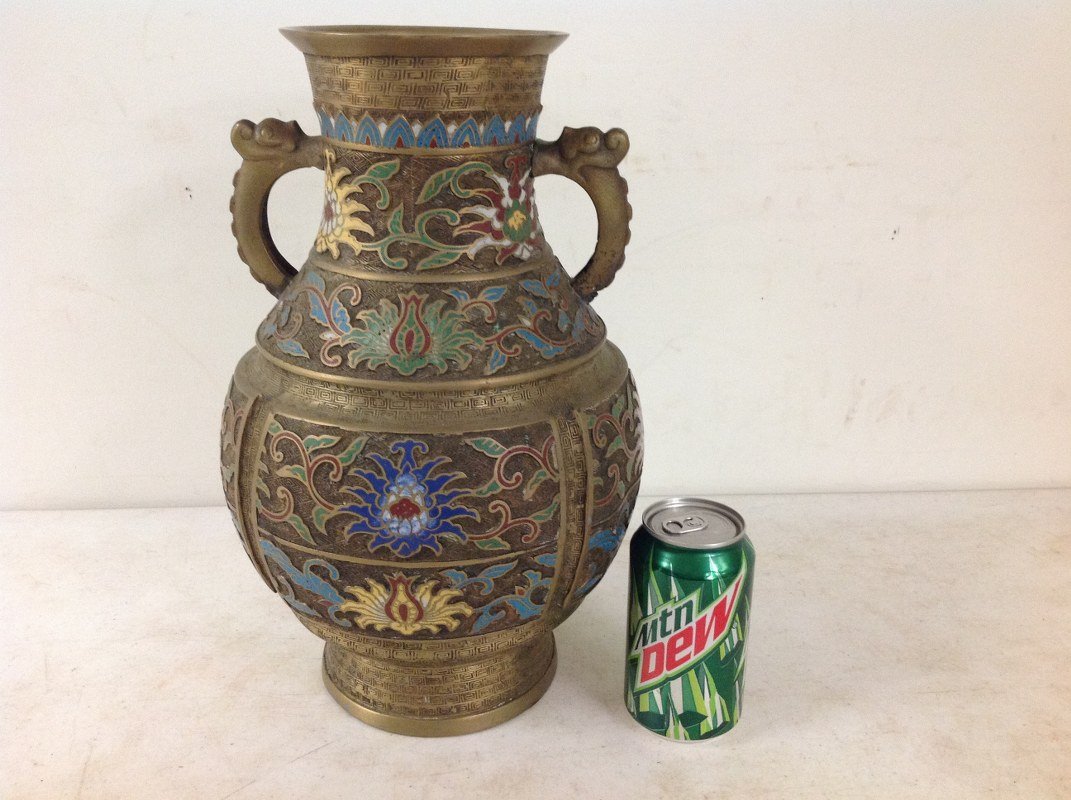 CHAMPLEVE BRASS AND CLOISSONEE VASE WITH FIGURAL HEADS (1 of 3)