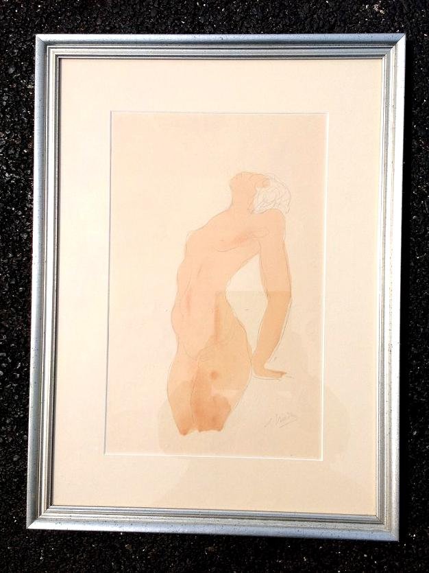 AUGUSTE RODIN WATERCOLOUR FEMALE NUDE: AUGUSTE RODIN WATERCOLOR FEMALE NUDE, SIGNED LOWER RIGHT. NICELY FRAMED AND MATTED, FROM NYC APARTMENT. WATERCOLOR MEASURES 17" X 11". FRAME MEASURES 24" X 17 1/2".