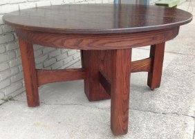 54" MISSION OAK ROUND DINING TABLE W/5 LEAVES, SPLIT (1 of 7)