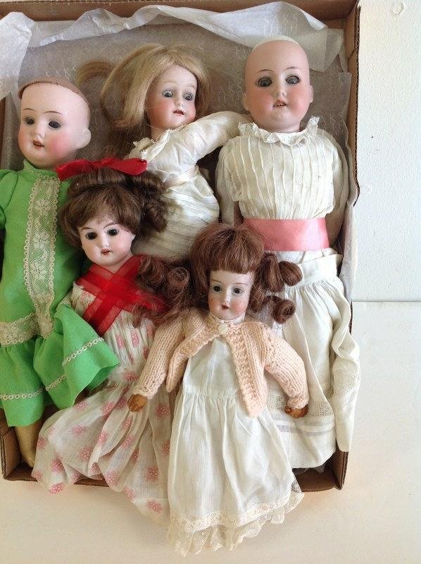 5 ANTIQUE BISQUE HEAD DOLLS, 2 WITHOUT WIGS, MOST (1 of 1)