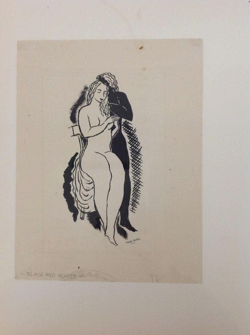 KONRAD CRAMER NUDE FIGURES TITLED -BLACK AND WHITE, INK: KONRAD CRAMER NUDE FIGURES TITLED -BLACK AND WHITE, INK DRAWING, GALLERY INFORMATION ON BACK, DRAWING MEASURES 9 1/4" X 7", AS PICTURED