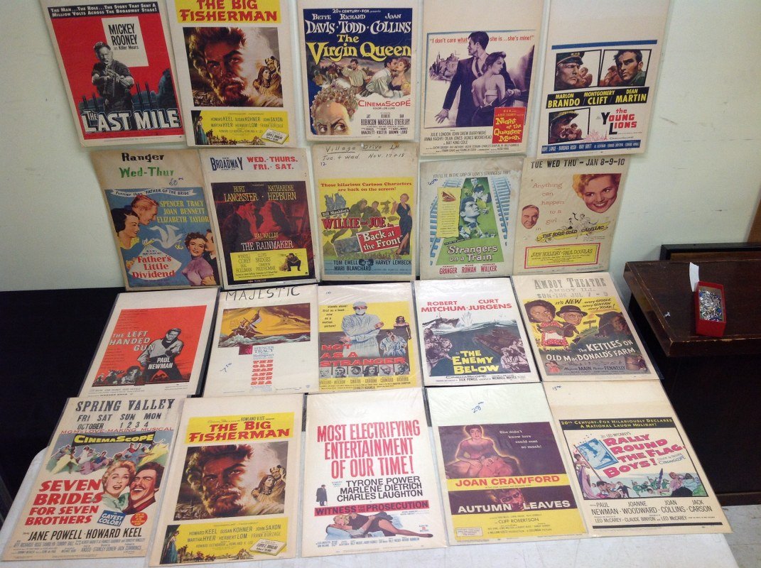 LOT OF 29 1950'S WINDOW CARDS, INCLUDING THUNDER ROAD,: LOT OF 29 1950'S WINDOW CARDS, INCLUDING THUNDER ROAD, THE GLENN MILLER STORY, MAN OF THE WEST, STALAG 17, DESTRY, EASY TO LOVE, THE BARBARIAN AND THE GEISHA, AND MORE, FROM ALBANY NY DEALER COLLECTIO