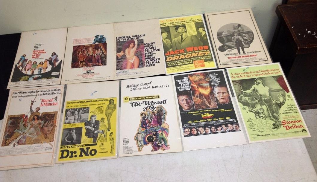 LOT OF 10 1970'S-80'S WINDOW CARDS, INCLUDING BEYOND: LOT OF 10 1970'S-80'S WINDOW CARDS, INCLUDING BEYOND THE VALLEY OF THE DOLLS, SAMSON AND DELILAH, THE CHEYENNE SOCIAL CLUB, MAN OF THE LA MANCHA, DR NO, FLAREUP, DRAGNET, THEY CALL ME MISTER TIBBS!, T