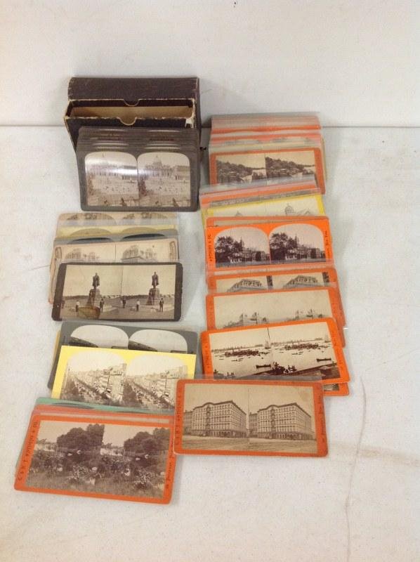 LOT OF 79 STEREOVIEWS-51 FLAT MOUNTS, 28 CURVED.: LOT OF 79 STEREOVIEWS-51 FLAT MOUNTS, 28 CURVED. INCLUDES 45 NEW YORK CITY(38 BY ANTHONY), 3 LANGENHEIM VIEWS OF NIAGARA, 1 CHAUTAQUA VIEW AND 26 CARD BOXED SET PILGRAMAGE TO SEE POPE PIUS X, AS PICTU