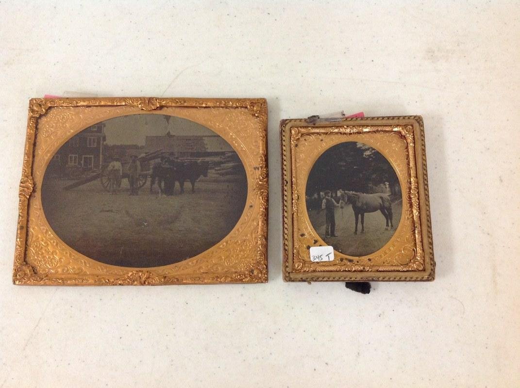 2 TINTYPES- HALF-PLATE TINTYPE OF 2 MEN WITH THEIR: 2 TINTYPES- HALF-PLATE TINTYPE OF 2 MEN WITH THEIR LUMBER WAGON PULLED BY BULLS & A SIXTH-PLATE TINTYPE OF MAN SHOWING OFF HIS HORSE, AS PICTURED