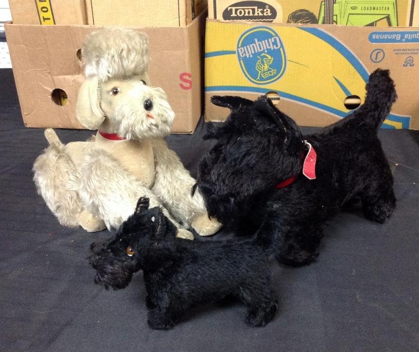 3 VINTAGE STEIFF DOGS, ALL HAVE BUTTONS, NO TAGS, LARGE: 3 VINTAGE STEIFF DOGS, ALL HAVE BUTTONS, NO TAGS, LARGE POODLE MEASURES 13" LONG, 12" HIGH; LARGE SCOTTIE MEASURES 13" LONG, 10" HIGH, AND SMALL SCOTTIE MEASURES 8" LONG, 6" HIGH, AS PICTURED