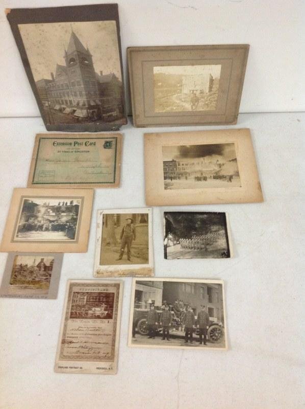 LOT OF EARLY PHOTOS OF FIREMEN, FIRE, FIRE ENGINES,: LOT OF EARLY PHOTOS OF FIREMEN, FIRE, FIRE ENGINES, BLACK MAN & EXTENSION POSTCARD OF KINGSTON, NY, AS PICTURED