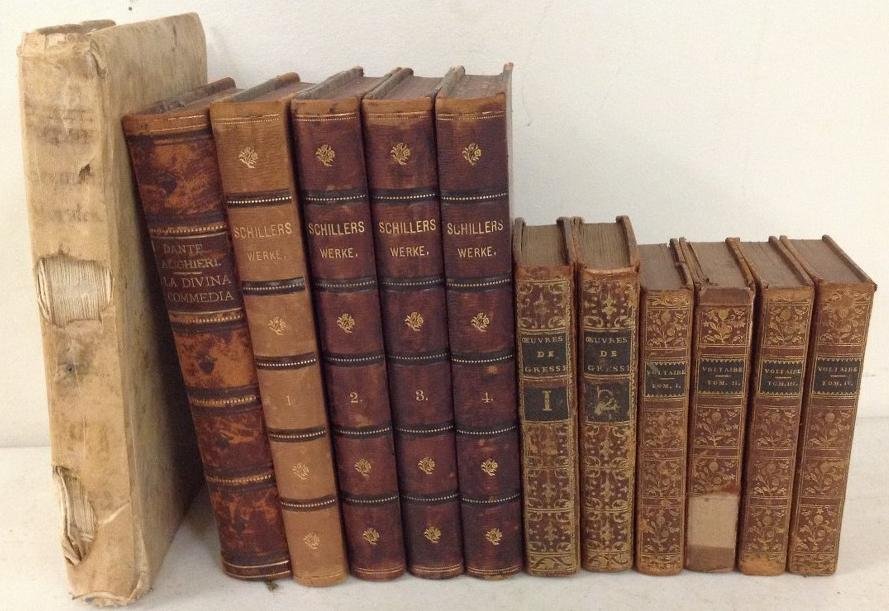 LOT OF EARLY BOOKS-LA DIVINA COMMEDIA DI DANTE: LOT OF EARLY BOOKS-LA DIVINA COMMEDIA DI DANTE ALIGHIERI 1898; SERMONES MORALES 1785; VOL 1-4 SCHILLERS SAMTLICHE WERKE; VOL I & II OEUVRES DE M. GRESSET 1780; VOL 1-4 CHEFS - D'OEUVRE DRAMATIQUES DE 