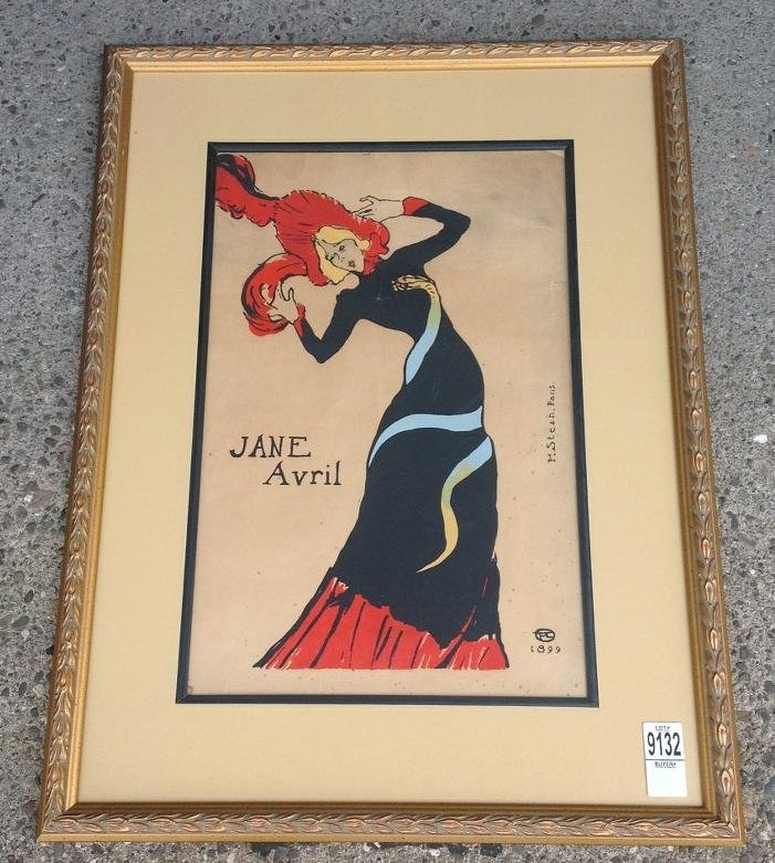 AGNRI DE TOULOUSE-LAUTREC POSTER, H STERN, PARIS, 1899,: AGNRI DE TOULOUSE-LAUTREC POSTER, H STERN, PARIS, 1899, JANE AVRIL, A FEW SMALL TEARS, NICELY FRAMED AND MATTED, FRAME MEASURES 24" X18 1/2", POSTER MEASURES 18" X 12", AS PICTURED