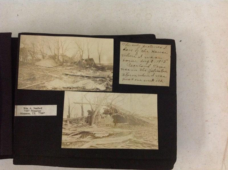 TEXAS PHOTO ALBUM INCLUDING PHOTOS OF HOUSE DESTROYED: TEXAS PHOTO ALBUM INCLUDING PHOTOS OF HOUSE DESTROYED BY STORM, PEOPLE, CHILDREN, ANIMALS, KIDS ON BICYCLES, AUTOMOBILES, SOME MOMENTOS, ETC, SOME HAVE CAPTIONS, AS PICTURED