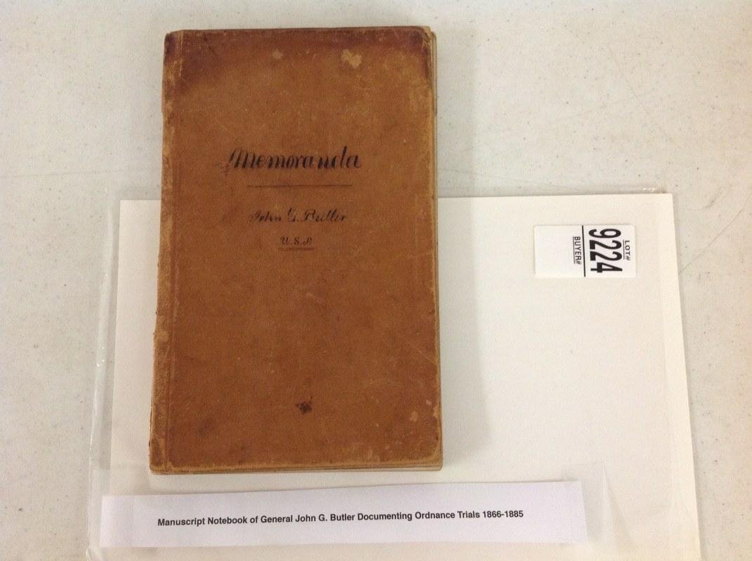 1866-1885 MANUSCRIPT NOTEBOOK OF GENERAL JOHN G. BUTLER: 1866-1885 MANUSCRIPT NOTEBOOK OF GENERAL JOHN G. BUTLER DOCUMENTING ORDNANCE TRIALS, COVER AND SPINE WORN, INTERESTING CONTENT, AS PICTURED