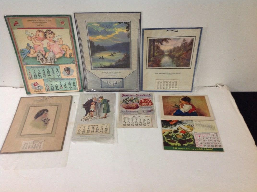 7 ADVERTISING CALENDARS INCLUDING THE BROOKLYN SAVINGS: 7 ADVERTISING CALENDARS INCLUDING THE BROOKLYN SAVINGS BANK 1934, DANFORTH CHEMICAL CO 1899, PASTENE & CO 1939, METROPOLITAN LIFE INS CO 1940, LOUIS B SWEATT INS 1918, JAMES YOUNG & SONS INC 1934 & TO