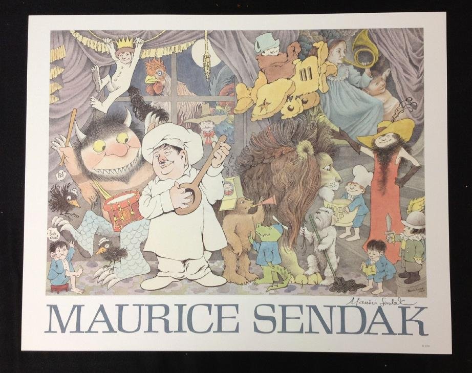 MAURICE SENDAK SIGNED POSTER 1990, NEW YORK: HARPER &: MAURICE SENDAK SIGNED POSTER 1990, NEW YORK: HARPER & ROW; IN CELEBRATION OF MAURICE SENDAK. A COLLAGE AND VERITABLE WHO'S WHO OF MAURICE SENDAK'S FAMOUS CHARACTERS. DEPICTING IMAGES FROM HIS EARLIER 