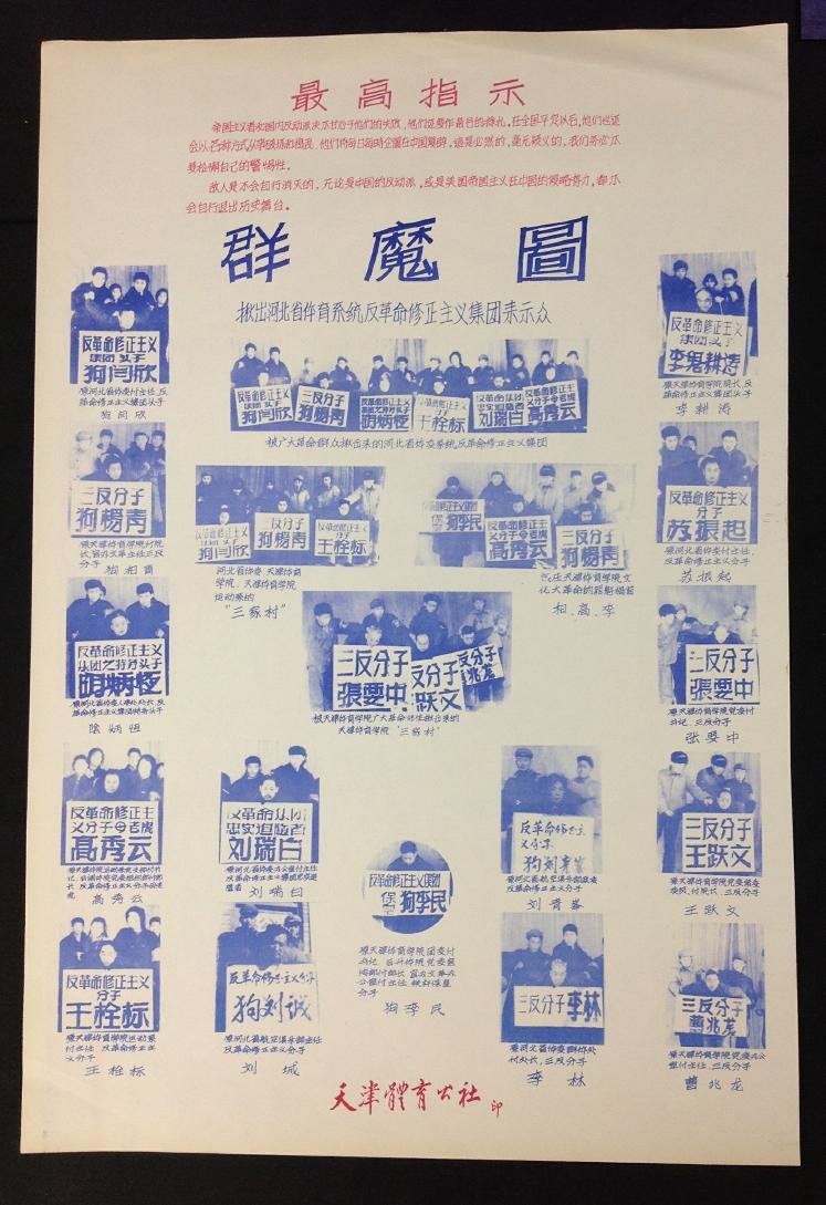 RARE 1967 POSTER W/PHOTOS OF ACCUSED REACTIONARIES.: RARE 1967 POSTER W/PHOTOS OF ACCUSED REACTIONARIES. TITLED IN CHINESE "PORTRAITS OF DEMONS"(ALSO TRANSLATED AS PICTURES OF GHOSTS), THIS HORRIFIC RELIC OF CHAIRMAN MAO AND THE CULTURAL REVOLUTION DOCU