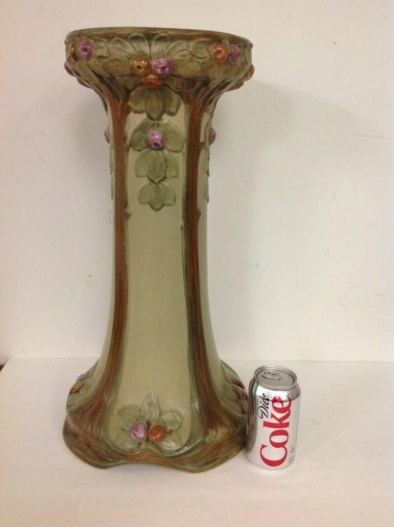 WELLER ART POTTERY JARDINAIRE BASE , NICE OVERALL: WELLER ART POTTERY JARDINAIRE BASE , NICE OVERALL ESTATE FOUND CONDITION, MEASURES 21" HIGH, SIGNED ON BOTTOM AS PICTURED.