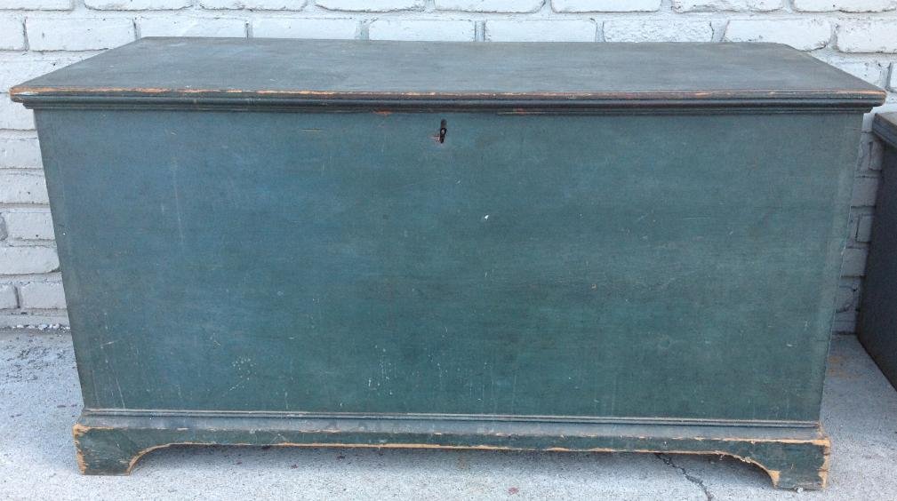 EARLY BLUE DOVETAILED BLANKET BOX ON BRACKET BASE, TILL (1 of 5)