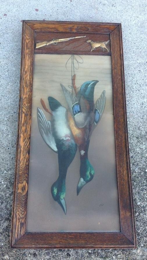 19TH C PASTEL DEAD GEESE IN PERIOD OAK FRAME WITH: 19TH C PASTEL DEAD GEESE IN PERIOD OAK FRAME WITH RELIEF HUNTING DOG AND RIFLE. PASTEL IS MONOGRAMMED. NICE OVERALL CONDITION. PASTEL MEASURES 26" X 12".