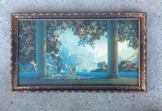 MAXFIELD PARRISH DAYBREAK, IN PERIOD FRAME, LABEL: MAXFIELD PARRISH DAYBREAK, IN PERIOD FRAME, LABEL INTACT ON BACK. FROM THE HOUSE OF ART, N.Y. PRINT MEASURES 10" X 18". VERY NICE ESTATE CONDITION.
